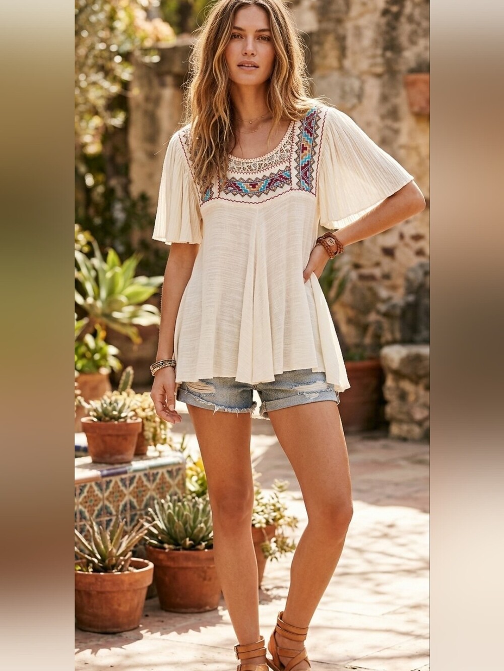 Free People Cream Tunic with Multicolor Embroidered Yoke